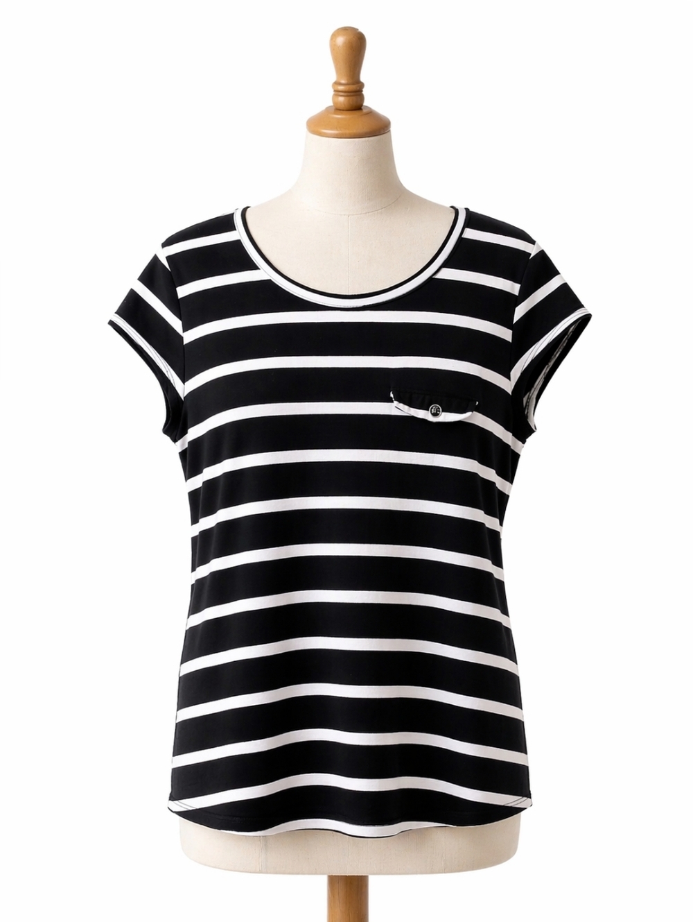 Kenar Black White Striped Top Women’s M Short Sleeve Pocket Casual Tee